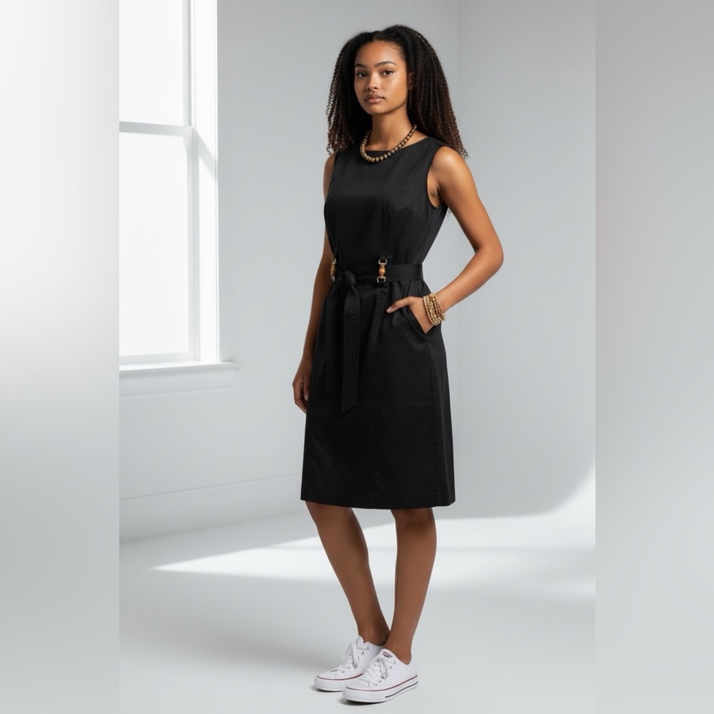 Sleek Black Sleeveless Tie-Waist Dress☑️ - Picture 3 of 8